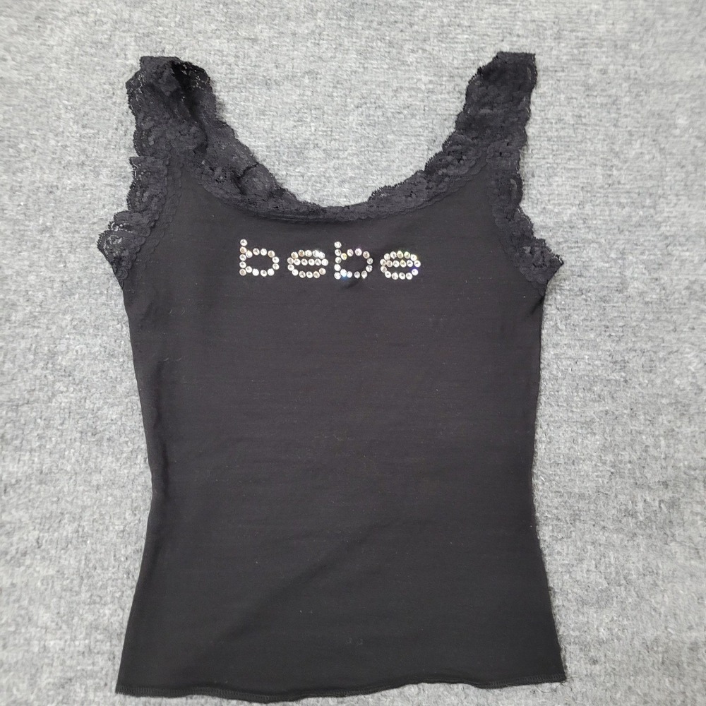 Bebe Tank Top Womens Size S Black Rhinestone Logo Lace Trim Made in USA Y2K Cami